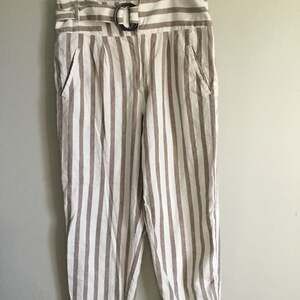 Anthropologie Striped Linen Blend High-Waisted Pants with Buckle Belt M